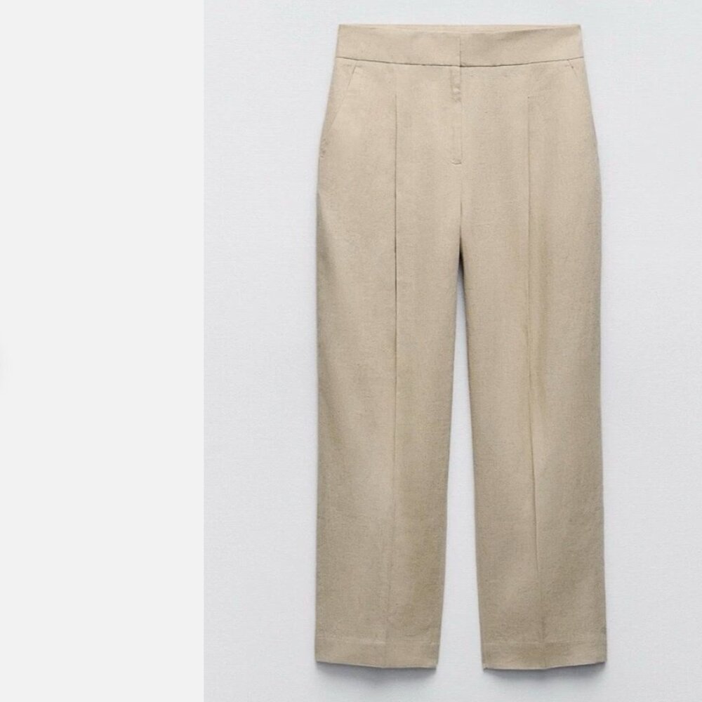 ZARA Hi Rise Linen Blend Straight Trouser Pants - Picture 3 of 5